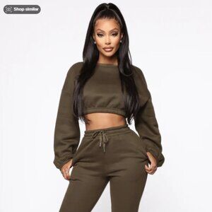 Fashion Nova Olive Green Cropped Top Sweat Pants Set